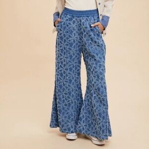 Anniewear Flower Chenille Denim Wide bellbottom Palazzo Pants cotton blend